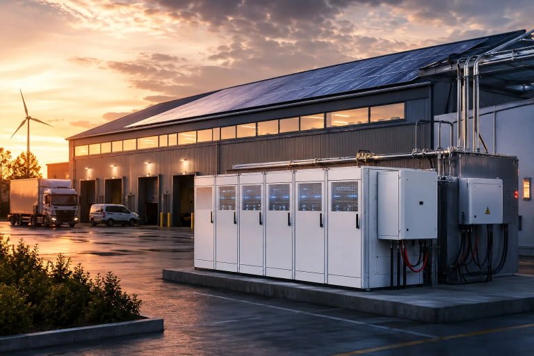 ![commercial energy storage system beside solar-powered industrial building](placeholder_link "Industrial Energy Storage")