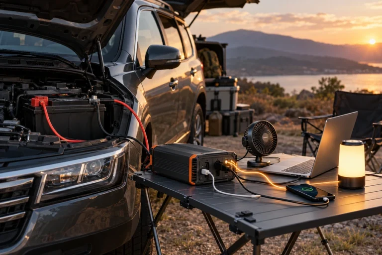 ![Car battery powering an inverter for portable AC electricity and backup power](https://voltcrave-battery.com/wp-content/uploads/2026/09/How-Long-Can-You-Run-an-Inverter-on-a-Car-Battery.webp "Car Battery Inverter Runtime")