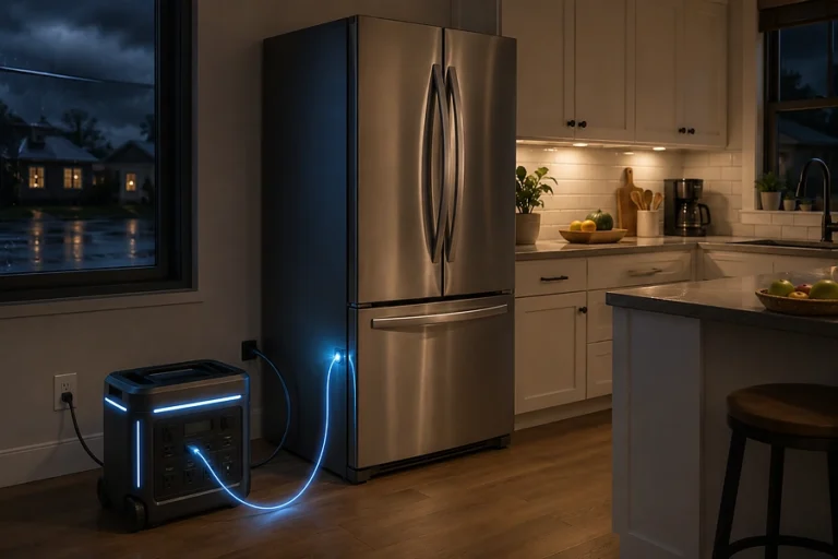 ![Portable power station running a refrigerator during outages or off-grid use](https://voltcrave-battery.com/wp-content/uploads/2026/09/How-Long-Will-a-Power-Station-Power-a-Fridge.webp "Power Station for Fridge")